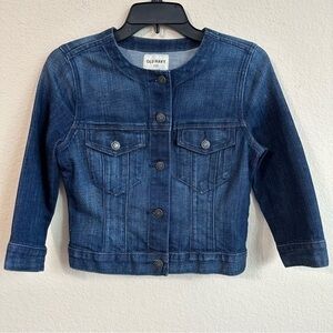 Old Navy Jean Jacket Crop Blue Denim Button Down Crewneck Classic Trendy